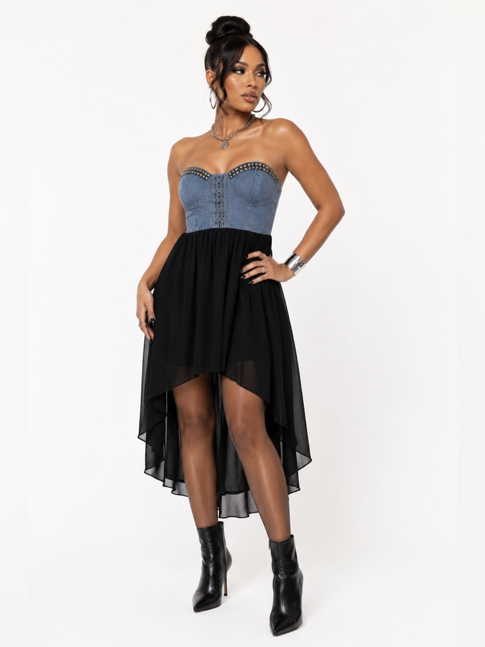 🖤 Material Girl Y2K Studded Bustier High-Low Chiffon Dress | Size S
